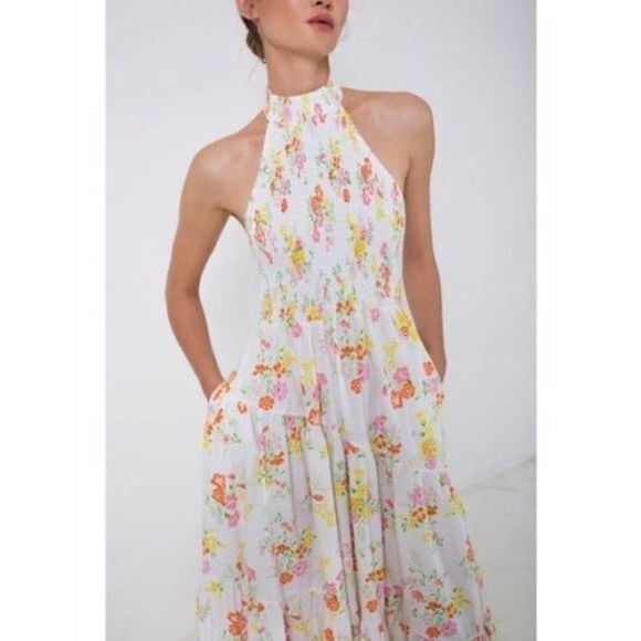 S/W/F Shirred Floral Print Halter Sleeveless Tiered Garden Party Dress Sz M NWT - Picture 3 of 13